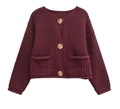 Close-up of wine red chunky knit cardigan with gold textured buttons and front pockets - S / Dark Red