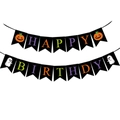 Colorful Happy Birthday Halloween banner with pumpkin and ghost motifs on black flags - Halloween Pumpkin Ghost Birthday Banner