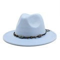 Detail of light blue wool fedora hat featuring a black braided band with ethnic beads - Sky Blue