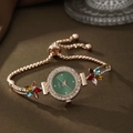 Elegant rose gold flower bracelet watch with green dial and rhinestones for women - Rose Gold Green Face