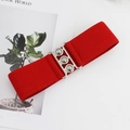 Women's 5cm wide red elastic waist belt with a stylish silver triple ring buckle - 75cm / Red