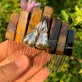 Handmade tiger eye crystal hair comb with crow skull metal charms and silver wire wrap - Tiger Eye + Silver Crow Skull