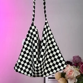 Large capacity canvas tote bag with black and white checkerboard pattern and shoulder straps - Black White Grid
