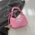Rosafarbene Stoff-Achseltasche mit süßem Herz-Hasen-Patch und Rüschengriff-Design - Rosenrosa