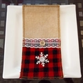 Porte-couverts de Noël en toile de jute à carreaux rouge noir et dentelle flocon - Flocon de Neige à Carreaux Noir et Rouge