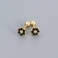 S925 sterling silver floral stud earrings with black zircons and screw ball back - Golden (Black Stone)