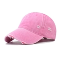 Detailed close-up of pink washed cotton baseball cap featuring vintage distressed torn holes - Adjustable / Distressed Washed Pink
