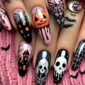 Pink Halloween long almond press-on nails with pumpkin, skull, and spider web designs - Pink Black Orange Pumpkin Castle Style (AW462)