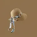 Khaki straw sun hat with floral silk ribbon and bow detail for summer vacation - Adjustable / Khaki-Pale Blue Floral Bow