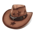 Brown western cowboy hat with bull emblem, star pattern and leather band on white background - M(56-58cm) / Khaki