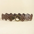 Close-up of vintage brown leather belt with gold rivets and antique bronze leaf buckle - 19709 Reddish Brown