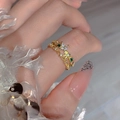 Adjustable golden double-layer butterfly ring with green crystals on hand - J5083 Gold Double Layer Flower Gem Ring