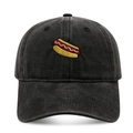 Vintage black washed cotton baseball cap with embroidered hot dog logo on front - Adjustable / Black