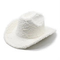 Detailed view of the plush white cowboy hat showing soft texture and wide brim curve - M / White