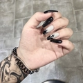 Long coffin press on nails featuring black and white gothic cross and cat silhouette designs - Black White Gothic Cross Style (JP1242)