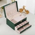Three-layer dark green leather jewelry organizer with pink velvet lining and metal lock - 23*17*13.5cm / Dark Green