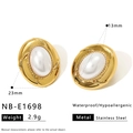 Detailed view of vintage gold oval earrings with pearls and 23mm size dimensions - White Faux Pearl Oval Style (NB-E1698) / 18K Gold