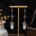 Chinese style beaded tassel earrings with blue enamel cloud and white drop pendants - Cyan-Blue Enamel Water Drop Style (E4616-2)