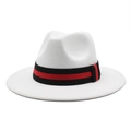Κλασικό λευκό μάλλινο καπέλο fedora με κομψή μαύρη και κόκκινη ριγέ διακοσμητική ταινία - M(56-58cm) / Λευκό