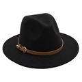 Close-up of black wool fedora hat featuring a brown leather band and gold metal buckle - M (56-58cm) / Black (Heart Buckle Belt)