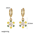 Detailed size view of gold snowflake hoop earrings with enamel and crystal accents - Gold White Yellow Snowflake Earring Style (TE60537-GN)