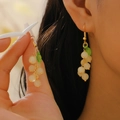 Vintage grape-style long drop earrings with white beads and green leaf charm - Milky White Grape (6813)