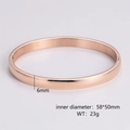 Polished rose gold bangle showing 6mm width, 58x50mm inner diameter and 23g weight - Women's Rose Gold
