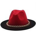 Red and black wool felt fedora hat featuring a stylish thick gold metal chain band - M(56-58cm) / Red/Black Two-Tone (08)