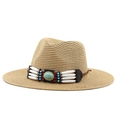 Bohemian papieren strooien panama zonnehoed met turquoise kralenband op wit - M (56-58cm) / Khaki