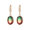Elegant gold oval gemstone earrings with rainbow gradient crystals and zircon inlay - Green+Red