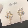 Asymmetric gold tassel earrings with blue enamel butterfly and S925 silver needle post - 925 Post Gold Butterfly Artificial Pearl Tassel (0858)