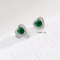 Silver-tone heart-shaped earrings with green zircon and clear stones, 10.4mm x 11mm - Stud Earrings / Green