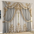 Luxury beige damask floral curtains with golden patterns and 3D digital printing - Light Grey Gold Pattern