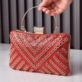 Elegant red and gold rhinestone evening clutch bag with arc handle and diamond clasp - Red