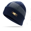 Winter knit beanie hat with dark blue and gray stripes and metal 1999 buckle accent - 58-63CM Fleece Lined Thickened / Navy Blue