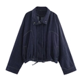Fashionable dark blue denim batwing jacket with drawstring hem and metal buttons - XS / Tops