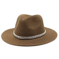 Brown straw fedora sun hat with a silver chain band for stylish outdoor protection - M (56-58cm) / Brown