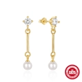 Eleganti orecchini in argento S925 con diamanti e perle bianche pendenti raffinate - #2 Stile a Barra Lunga / Oro - Singola Perla di Zirconia