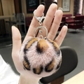 Leopard print plush pom pom keychain with silver metal lobster clasp for bags - Pink Leopard Pom Pom