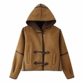 Braune Kapuzenjacke aus Wildlederimitat mit Knebelknöpfen und weichem Futter flach liegend - S / Khaki