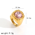 Detail view of gold stainless steel ring with pink cushion cut stone and size dimensions - Pink Cushion Cut Gemstone Style (TR4371-PK)