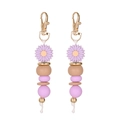 Handmade daisy beaded keychain with silicone flowers and wooden beads on gold clasp - Purple