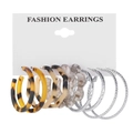 6-pair set of leopard print resin and silver metal hoop earrings on a display card - Mixed Material Leopard Resin Large Hoop Set (54340)