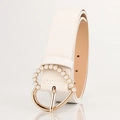 White faux leather belt for women featuring a gold heart buckle with pearl inlay - White