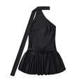Detail of black halter one-shoulder mini dress with bow tie waist and puff balloon hem - S / Black
