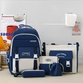 Vijfdelige marineblauwe en beige canvas rugzakset voor schoolmeisjes met extra accessoires - Marineblauw en Wit