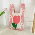 Pink knit handbag with floral tulip patterns and thick soft woven texture straps - Pink Cute Tulip