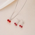 Sparkling red cherry jewelry set including necklace and earrings with silver leaves - Silver Red Cherry 3-Piece Set (6413902HB)