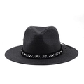 Close-up of black straw fedora with patterned band and decorative metallic beads - Black