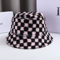 Close-up of pink and black checkered faux fur bucket hat with thick plush texture - M (56-58cm) / Black and Pink Check